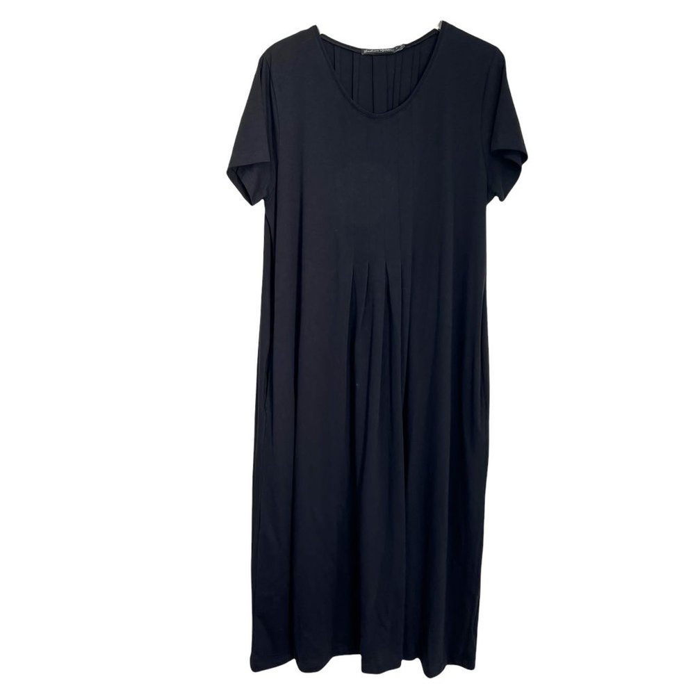 Gudrun Sjoden Maxi Tunic Dress Size L Pleats Bohemian Pockets Round Neck Black